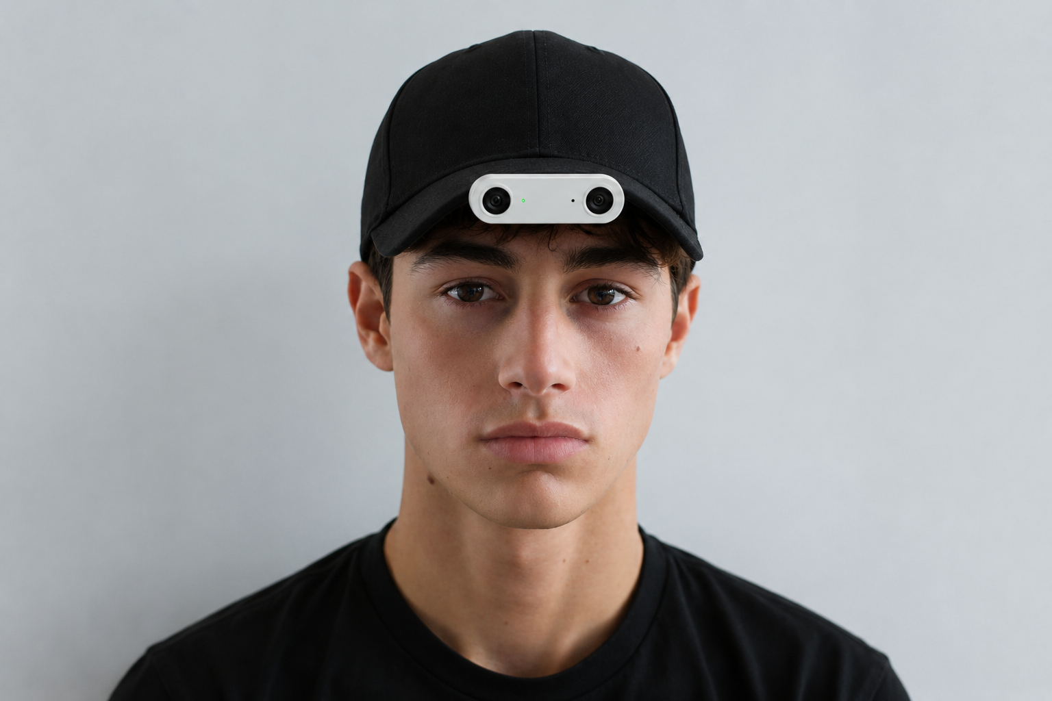 Stereo Cap Cam worn on a black cap during studio capture